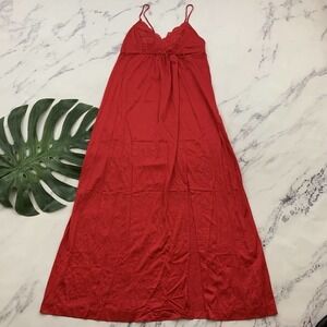 Gilead Vintage Nightgown Size S Bright Red Lace Trim Full Length Front Slit